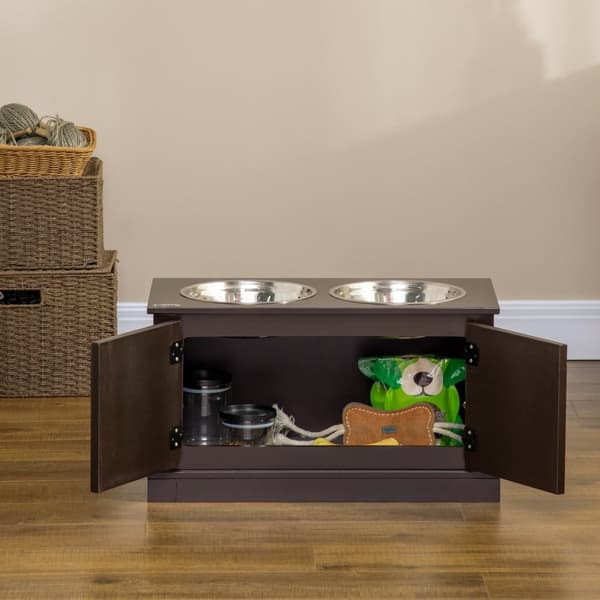 Hævede hundeskåle med opbevaringsplads, 2 skåle, til store hunde, vandskål, madskål, hundeskålsstativ, 60 cm x 30 cm x 34 cm, kaffe