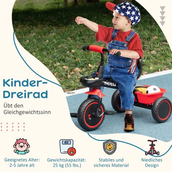 Trehjulssykkel, trehjulssykkel for barn, barnesykkel med hoftebelte, pedaler, sykkelkurv, barnesykkel med høydejusterbart sete, for 2-5 år