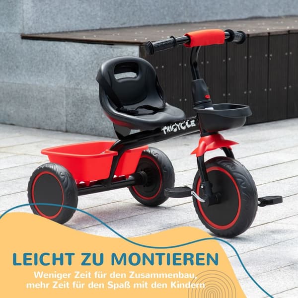 Trehjulssykkel, trehjulssykkel for barn, barnesykkel med hoftebelte, pedaler, sykkelkurv, barnesykkel med høydejusterbart sete, for 2-5 år