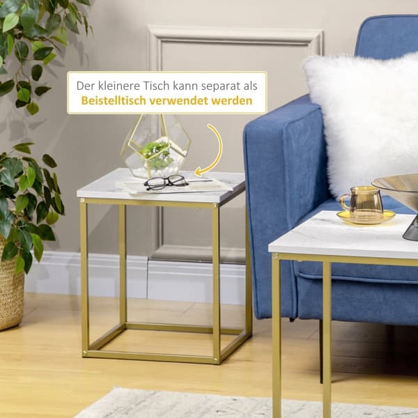 Sofabord sæt af 2, sidebord, sofabord, redebord, sofabord med stålstel, stuebord til soveværelse, hvid
