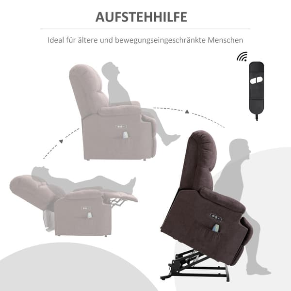 Lænestol med ståhjælp, massagestol, afslapningsstol med USB-port, fjernbetjening, sidelomme, fløjlslook, mørkebrun