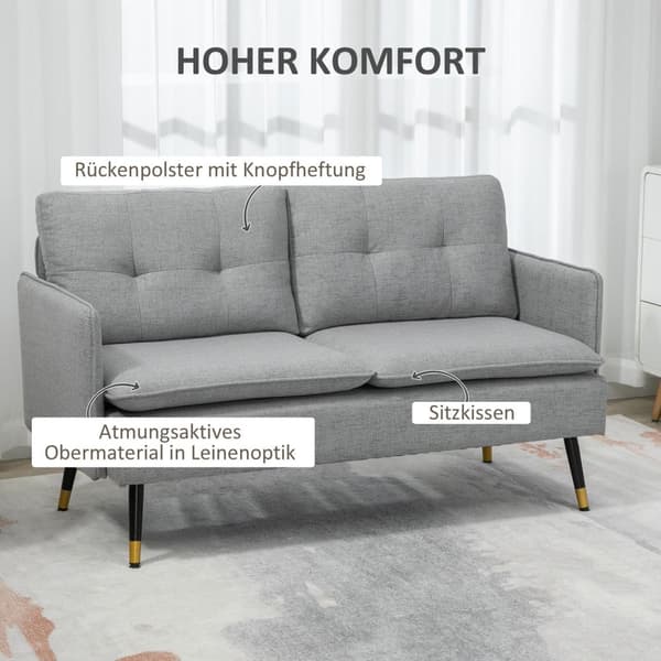 Tvåsits 2-sits soffa med kuddar, loveseat med linnelook, dubbelsoffa för vardagsrum, sovrum, stål, grå, 139 x 68 x 76 cm