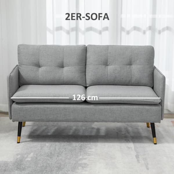 Tvåsits 2-sits soffa med kuddar, loveseat med linnelook, dubbelsoffa för vardagsrum, sovrum, stål, grå, 139 x 68 x 76 cm