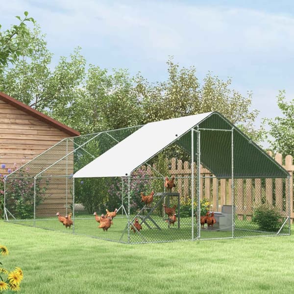 Hønsehus, 3 x 6 x 2 m, frittgående innhegning XXL, utendørs fjærfehus med skjerm, tak, for 12-18 kyllinger, ender, kaniner, stål