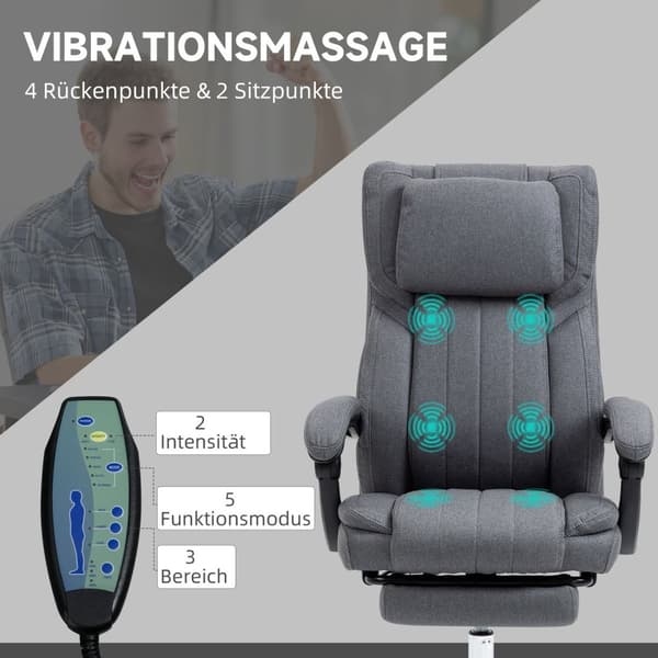 Työtuoli 5 hierontatilalla, ergonominen pöytätuoli kallistustoiminnolla, korkeussäädettävä, jalkatuki, pellavanäköinen, harmaa