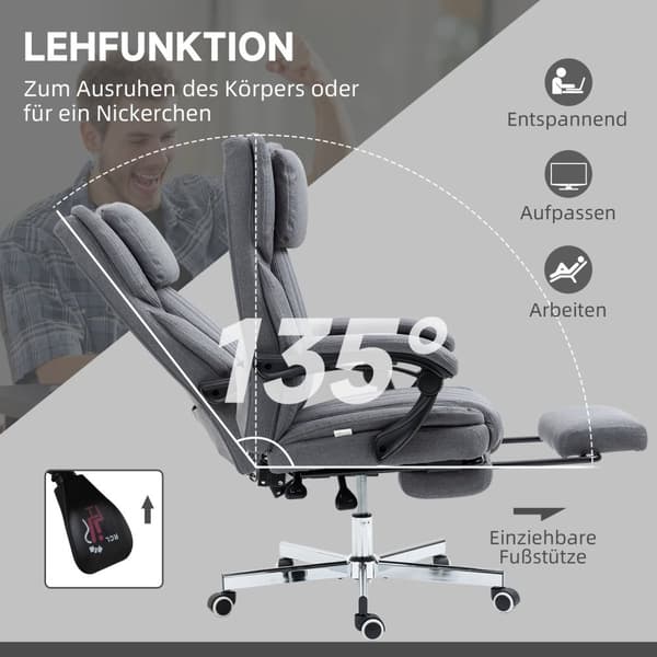 Työtuoli 5 hierontatilalla, ergonominen pöytätuoli kallistustoiminnolla, korkeussäädettävä, jalkatuki, pellavanäköinen, harmaa