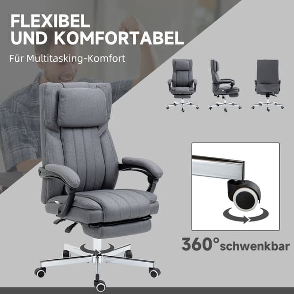 Työtuoli 5 hierontatilalla, ergonominen pöytätuoli kallistustoiminnolla, korkeussäädettävä, jalkatuki, pellavanäköinen, harmaa
