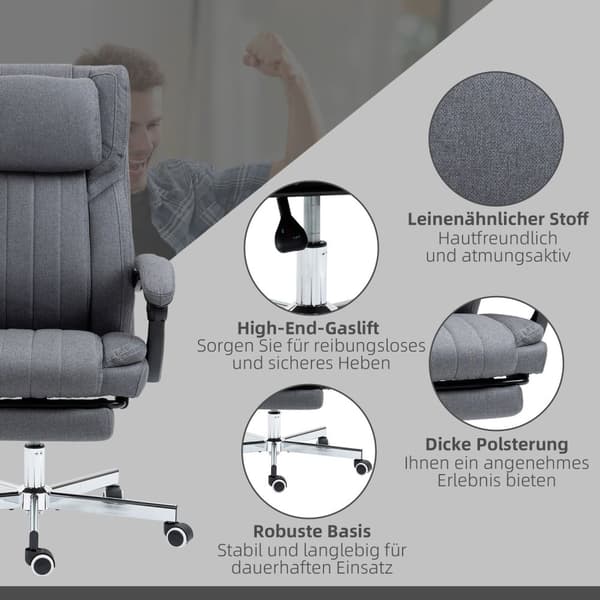 Työtuoli 5 hierontatilalla, ergonominen pöytätuoli kallistustoiminnolla, korkeussäädettävä, jalkatuki, pellavanäköinen, harmaa