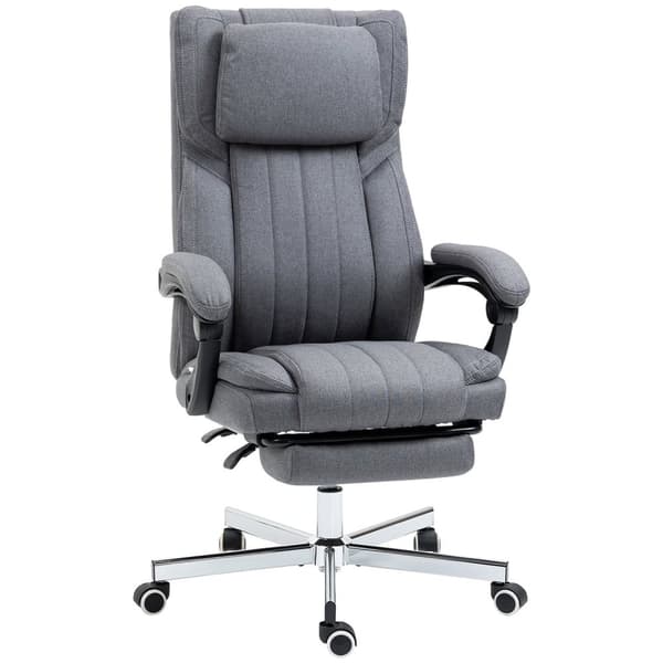 Kontorstol med 5 massasjemoduser, ergonomisk skrivebordsstol med lenefunksjon, høydejusterbar, fotstøtte, linlook, grå
