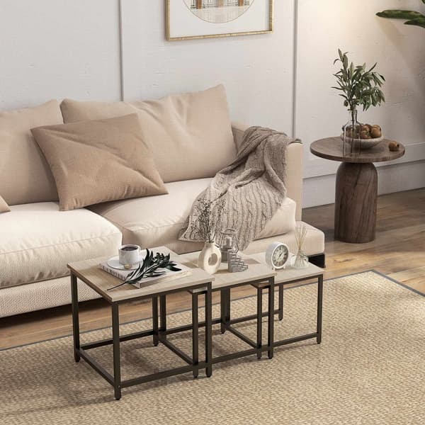 Sett med 3 salongbord, sidebord, hekkebord med stålramme, sofabord, salongbord, stuebord med trelook, naturlig