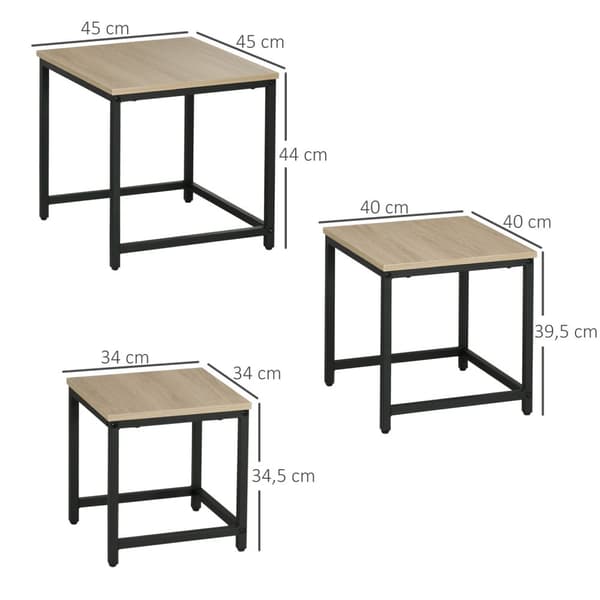 Sett med 3 salongbord, sidebord, hekkebord med stålramme, sofabord, salongbord, stuebord med trelook, naturlig