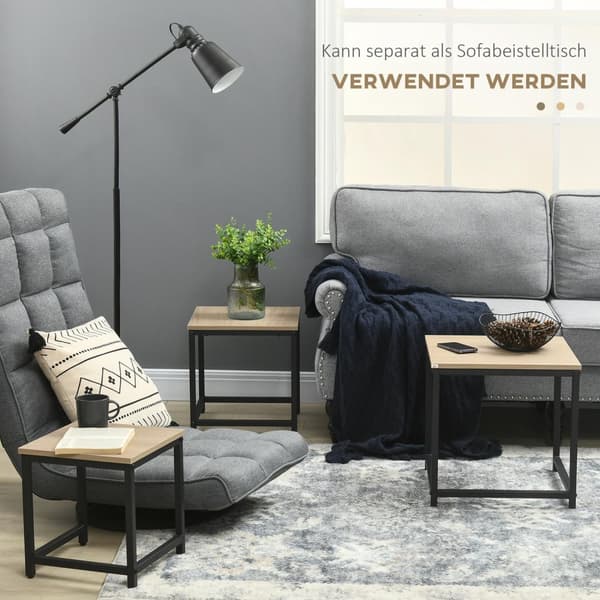 Sett med 3 salongbord, sidebord, hekkebord med stålramme, sofabord, salongbord, stuebord med trelook, naturlig