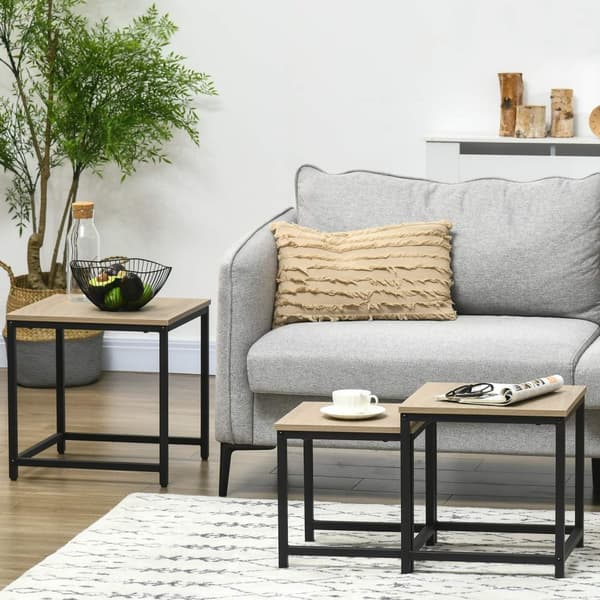 Sett med 3 salongbord, sidebord, hekkebord med stålramme, sofabord, salongbord, stuebord med trelook, naturlig