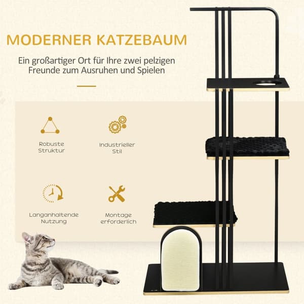 Kattträd 170cm Stor skrapstolpe med kuddar, skrapbräda, 3 plattformar, kattmöbler av stål i svart