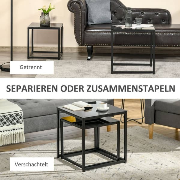 Sidebord sett med 2, salongbord sett, salongbord med glassbordplate, firkantet sofabord, hekkebord, stål, svart