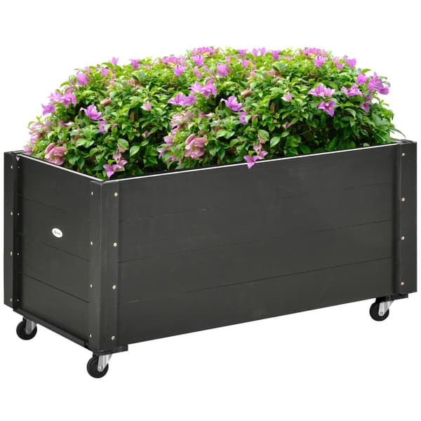 Blomsterkasse, højbed med hjul, plantekasse, urtebed til have, terrasse og altan, massivt træ, sort, 89 x 48 x 47 cm