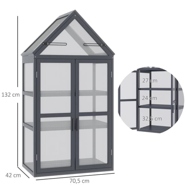 Koldramme minidrivhus 3 plan drivhusplantebed med hængslet tag dobbeltdøre lavet af naturtræ 70,5 x 42 x 132 cm