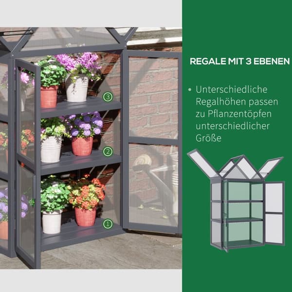 Koldramme minidrivhus 3 plan drivhusplantebed med hængslet tag dobbeltdøre lavet af naturtræ 70,5 x 42 x 132 cm