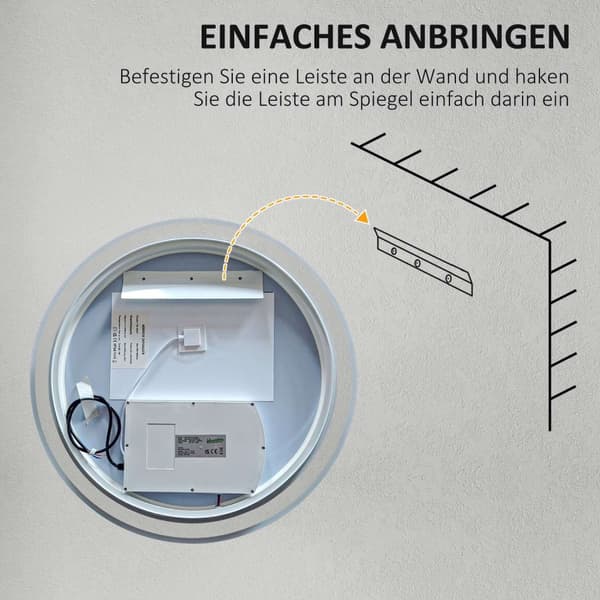 Baderomsspeil med LED-belysning, Ø 60 cm Opplyst speil med berøringsfunksjon, minnefunksjon, antidugg med aluminiumsramme