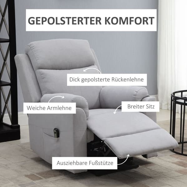 Elektrisk lænestol med ståstøtte ståstol til seniorer tilbagelænet funktion linned touch lysegrå 83 x 89 x 102 cm