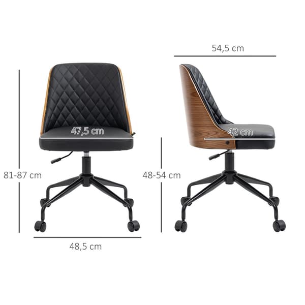 Kontorstol uden armlæn, ergonomisk skrivebordsstol, højdejusterbar, drejestol, sort