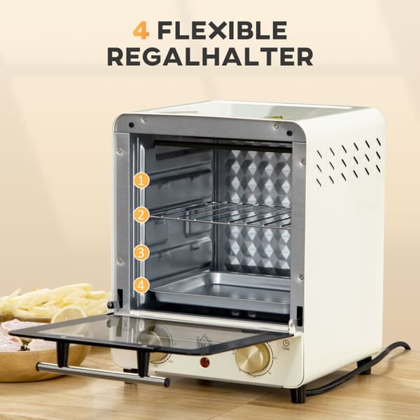 Miniovn 15L, 1 times timer, 60-230°C, pizzaovn med cirkulationsluft, 1000 W, miniovn med bagepladesæt, krummebakke, cremehvid