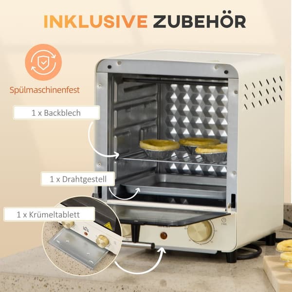 Miniovn 15L, 1 times timer, 60-230°C, pizzaovn med cirkulationsluft, 1000 W, miniovn med bagepladesæt, krummebakke, cremehvid