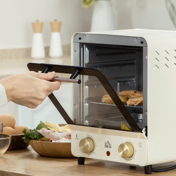 Miniovn 15L, 1 times timer, 60-230°C, pizzaovn med cirkulationsluft, 1000 W, miniovn med bagepladesæt, krummebakke, cremehvid