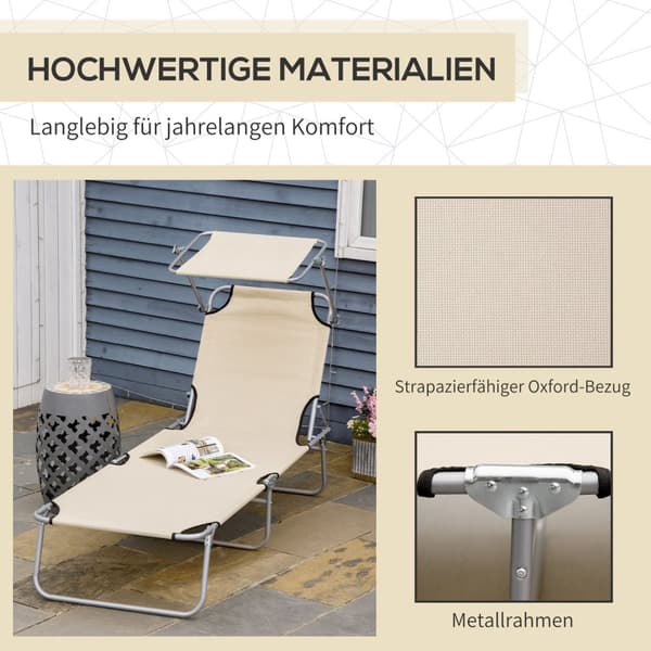 Solseng hage solseng velvære solseng strand solseng sammenleggbar med solbeskyttelse beige 187 x 58 x 36 cm