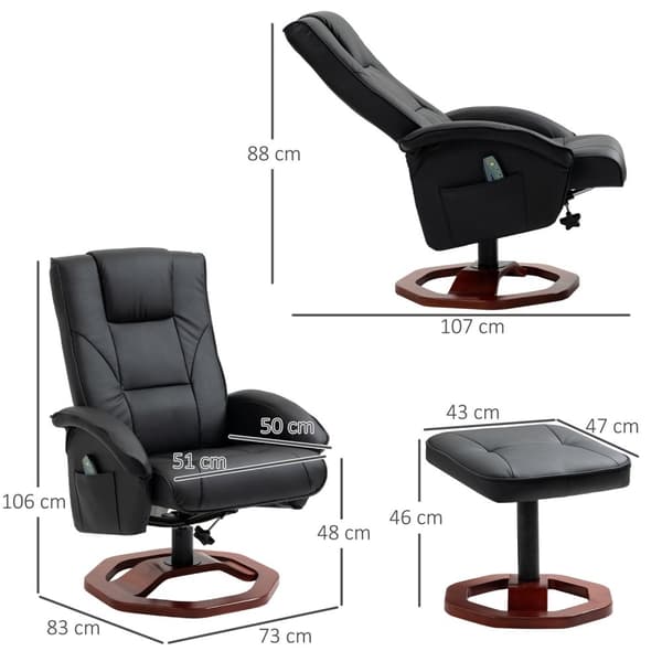 Massasjestol, hvilestol med fotskammel, hvilestol, hvilefunksjon, TV-stol, lenestol, 360° roterbar, kunstskinn, 73 x 83 x 106 cm