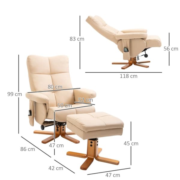 Avslappningsstol, massagestol med fotpall, TV-stol, 145° lutning, vilstol, konstläder, krämvit
