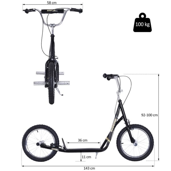 Børnescooter med pneumatiske dæk, sparkescooter, cityscooter til børn, kickboard, 16 tommer fra 5 år, højdejusterbar, sort