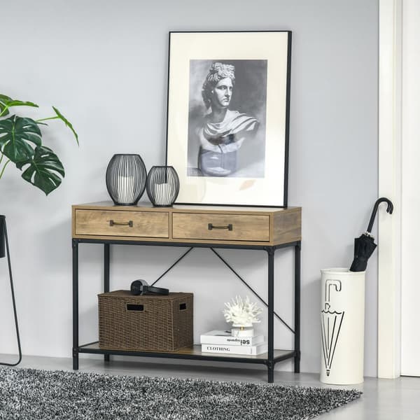 Sidebord konsolbord indgangsbord 2 skuffer nederste hylde vintage brun + sort 100 x 35 x 76,5 cm