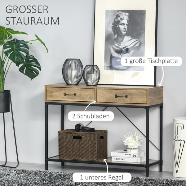 Sidebord konsolbord indgangsbord 2 skuffer nederste hylde vintage brun + sort 100 x 35 x 76,5 cm
