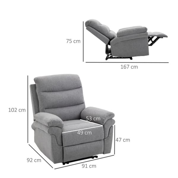 Afslapningsstol med lænefunktion, 165° tilt, sammenklappelig fodstøtte, linned touch, hvilestol, tv-stol, 91 x 92 x 102 cm, lysegrå