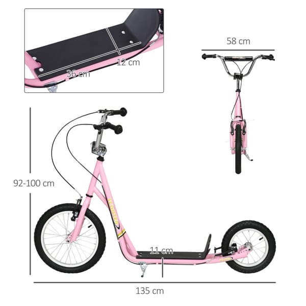 Børnescooter med bremser 16/12 tommer scooter city scooter børnescooter kickboard til 5+ år børn pink 135 x 58 x 92-100 cm