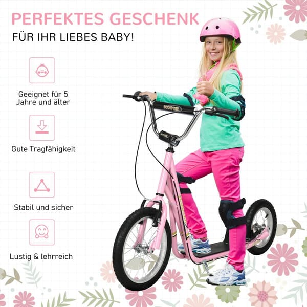 Børnescooter med bremser 16/12 tommer scooter city scooter børnescooter kickboard til 5+ år børn pink 135 x 58 x 92-100 cm