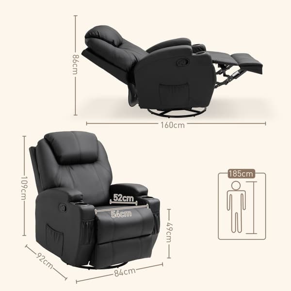 Elektrisk massagestol, 165° vipbar, 5 massagetilstande, fodstøtte, fjernbetjening, tv-stol, imiteret læder, sort, 84x92x109cm