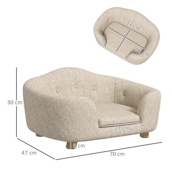 Hundesofa baglomme plysbetræk med pude, katteseng, velegnet til små hunde, fyrretræ, 70 x 47 x 30 cm, cremehvid