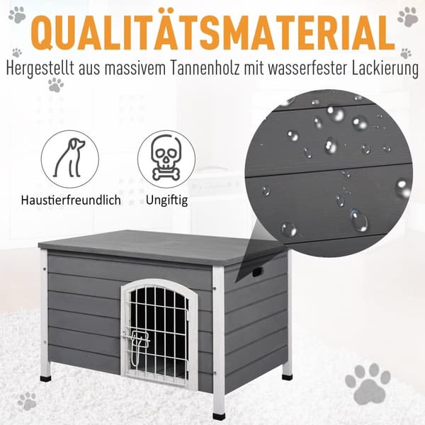 Hundehus, vandtæt hundehus med dør, netboks til udendørs brug, gran, grå, 80x55x53,5 cm