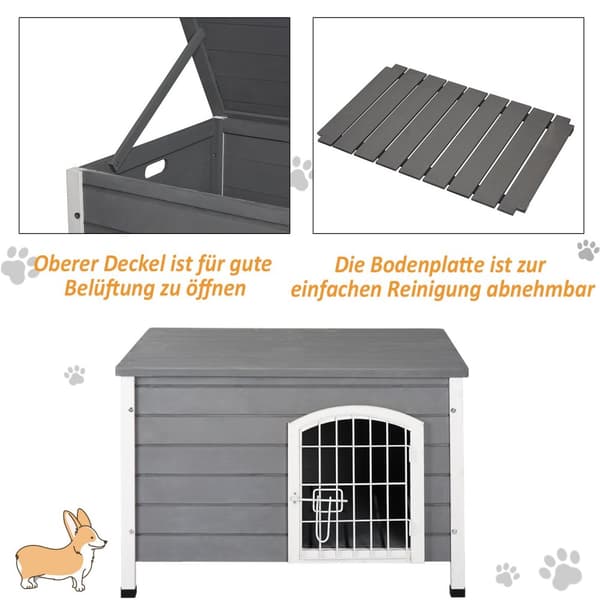 Hundehus, vandtæt hundehus med dør, netboks til udendørs brug, gran, grå, 80x55x53,5 cm