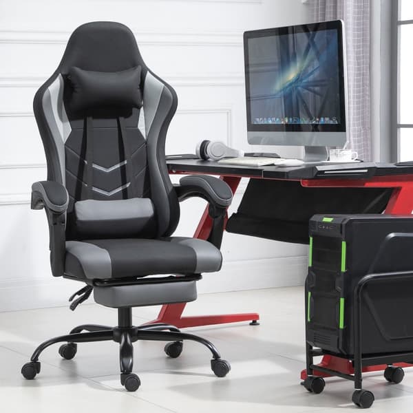 Gamingstol, höjdjusterbar inklusive nackstöd, justerbar svankkudde med fotstöd, ergonomisk, upp till 120 kg, svart