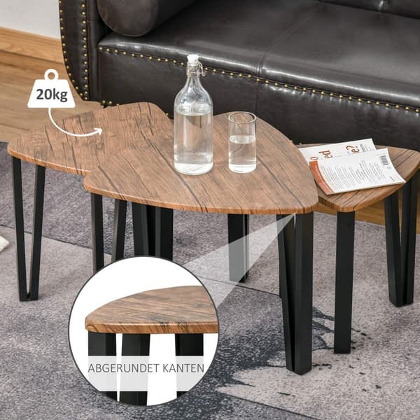Sett med 3 salongbord, sidebord, stablebord, salongbord, hekkebord, MDF, natur + svart