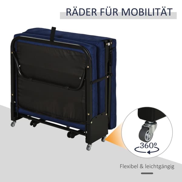 Fällbar gästsäng 2-i-1 Justerbar Sänggavel Höjd Hjul Stålskum Blå 184x65x26cm