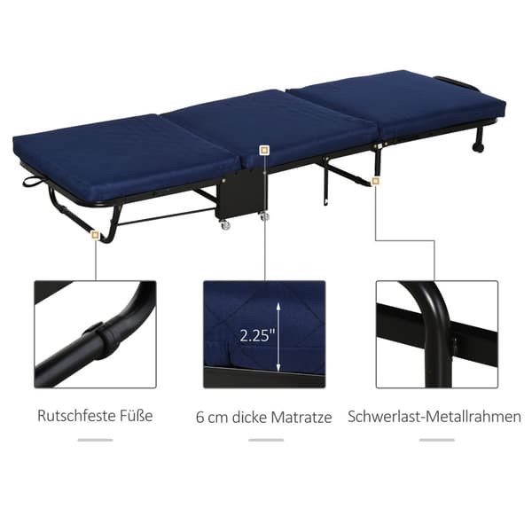 Fällbar gästsäng 2-i-1 Justerbar Sänggavel Höjd Hjul Stålskum Blå 184x65x26cm