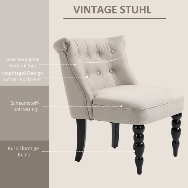 Lepotuoli, vintage lepotuoli, lepotuoli, pehmustettu tuoli, ruokasalin tuoli, pellavapäällinen, puurunko, beige + musta, 67 x 67 x 78 cm
