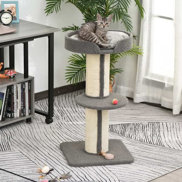 Klapstolpar för katter, lastkapacitet 30kg, skrapstolpe med plattform, stall, sisal, grå