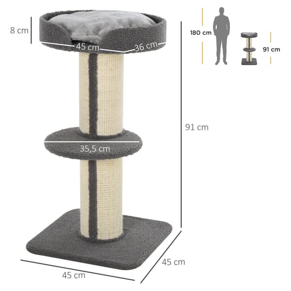Klapstolpar för katter, lastkapacitet 30kg, skrapstolpe med plattform, stall, sisal, grå