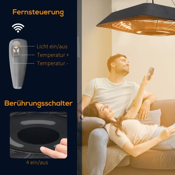 Kattolämmitin 800W/1200W/2000W, 5 tilalämmitin, IP45, sähköinen terassilämmitin kaukosäätimellä, alumiini, lasi, musta, 45x45x10cm
