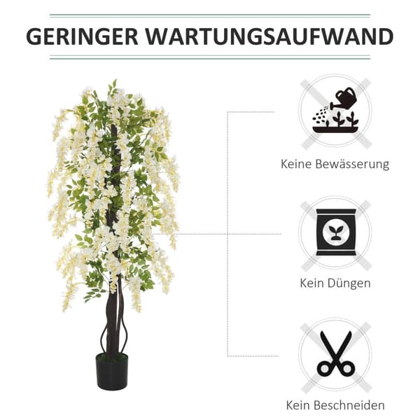 Konstgjord växt med vit blåregn Dekorativa konstgjorda växter i kruka, 1,65m, plastcement, vit + grön